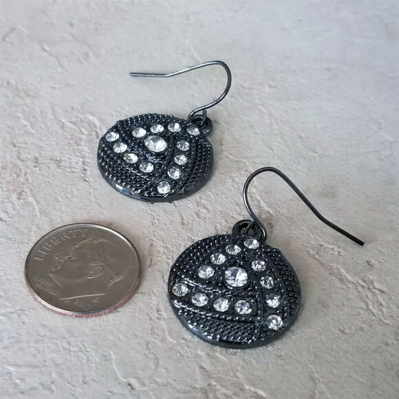 Avant Garde Gunmetal Grey Black Austrian Crystal Circle Triangle Dangle Earrings - Picture 4 of 6